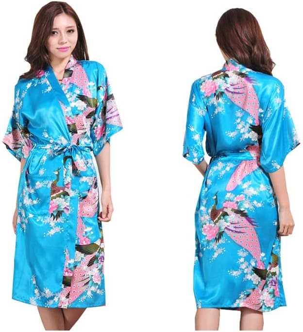 warm-smile Women's Robes Peacock and Blossoms Kimono Satin Nightwear Long Short Style UK Stock