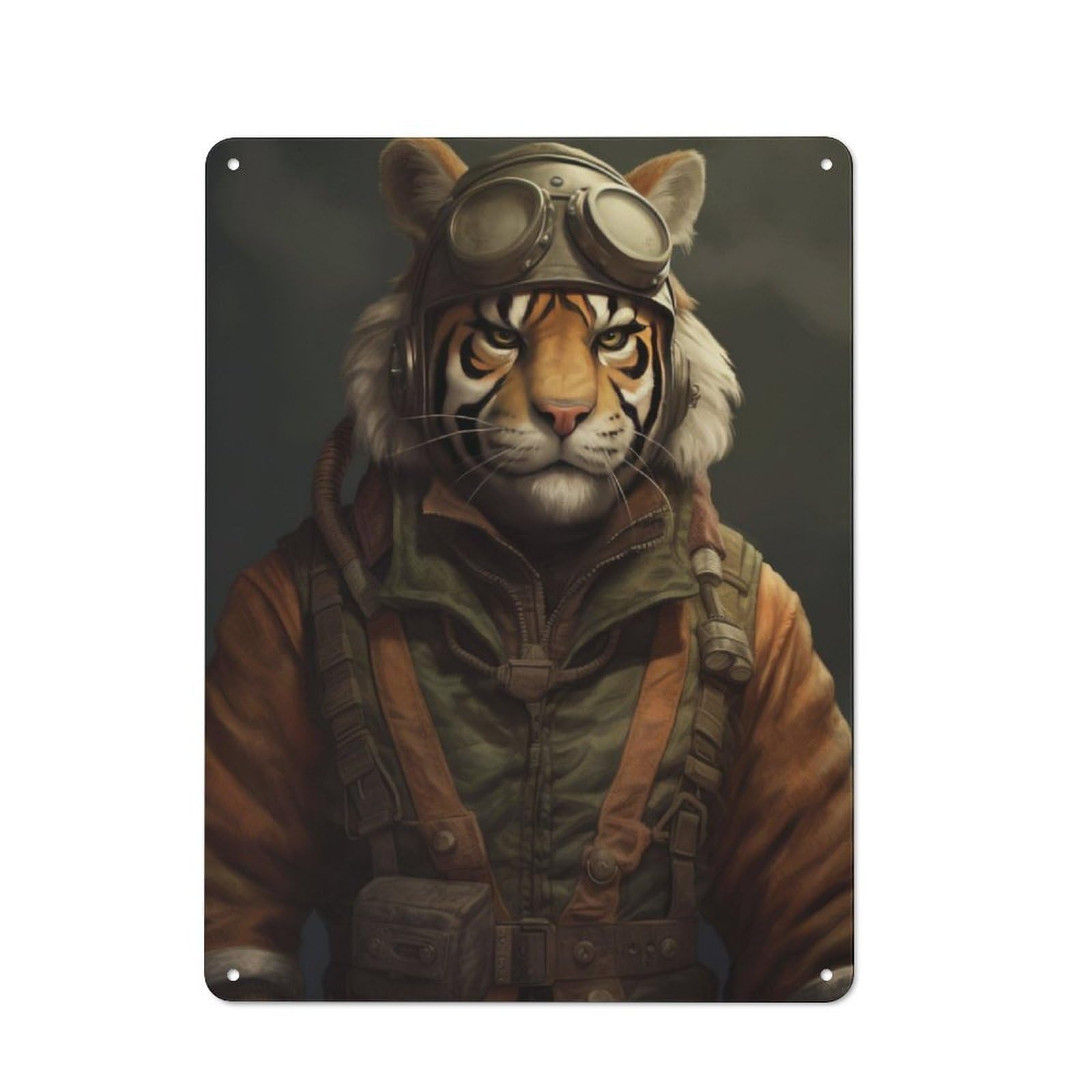 Retro Tiger As A Pilot Metal Wall Plaque 40x30cm, Nostalgic Wall Art for Living Room, Hallway, Kitchen Or Cafe