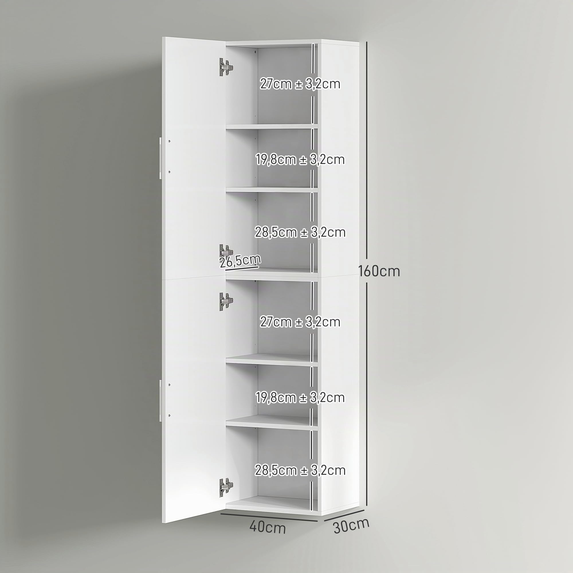 HOMCOM Armoire murale pour salle de bain avec étagères réglables et 2 portes - Meuble de salle de bain moderne pour les petits espaces - 40 x 30 x 160 cm - Blanc brillant