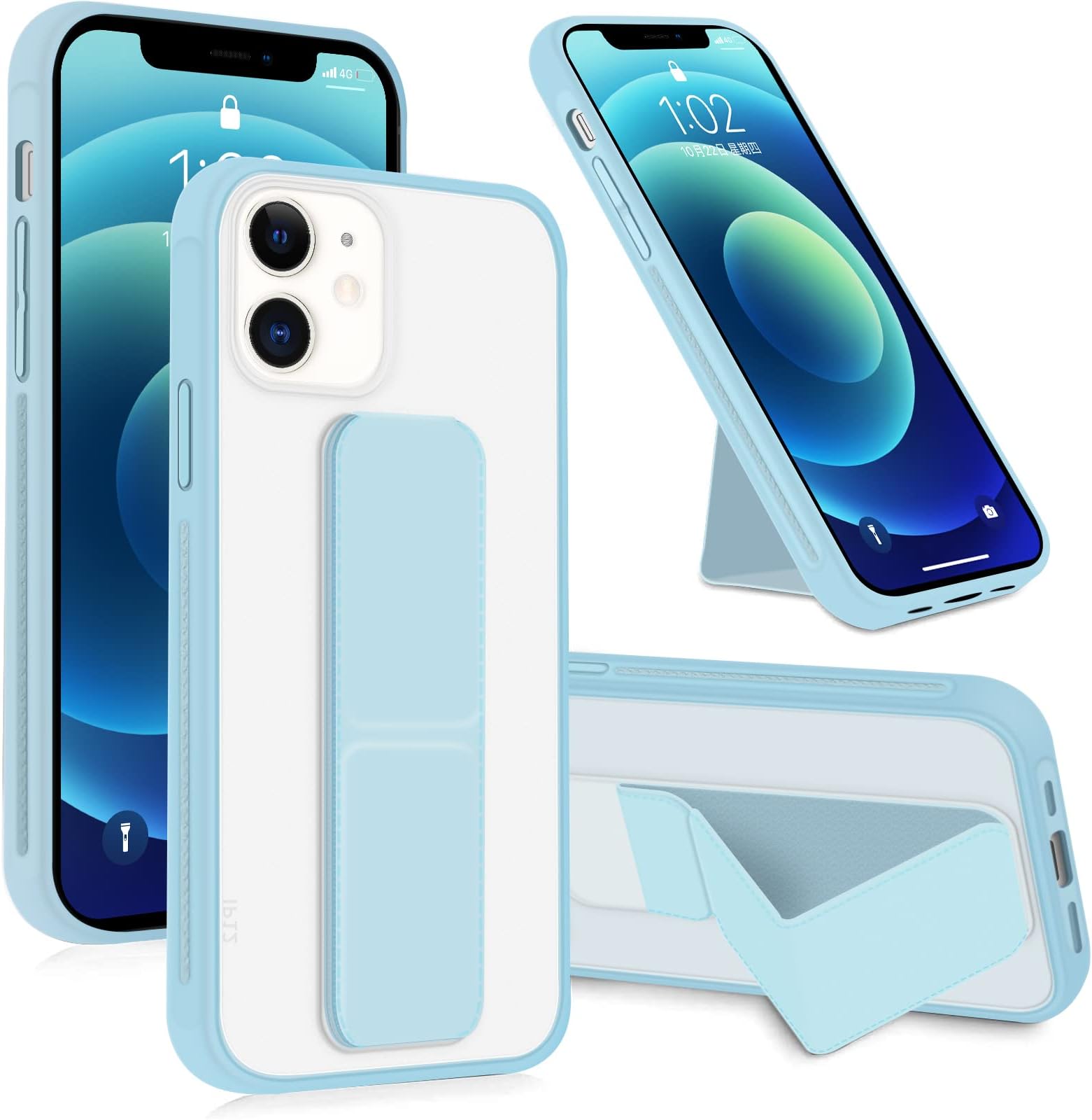 INFOSUN iPhone 12/12 Pro Max Case Cover, Matte Stand Foldable Kickstand Hand Grip Frosted Holder Phone Cover for 12/12 Pro Max 6.1 inch(Light Blue)