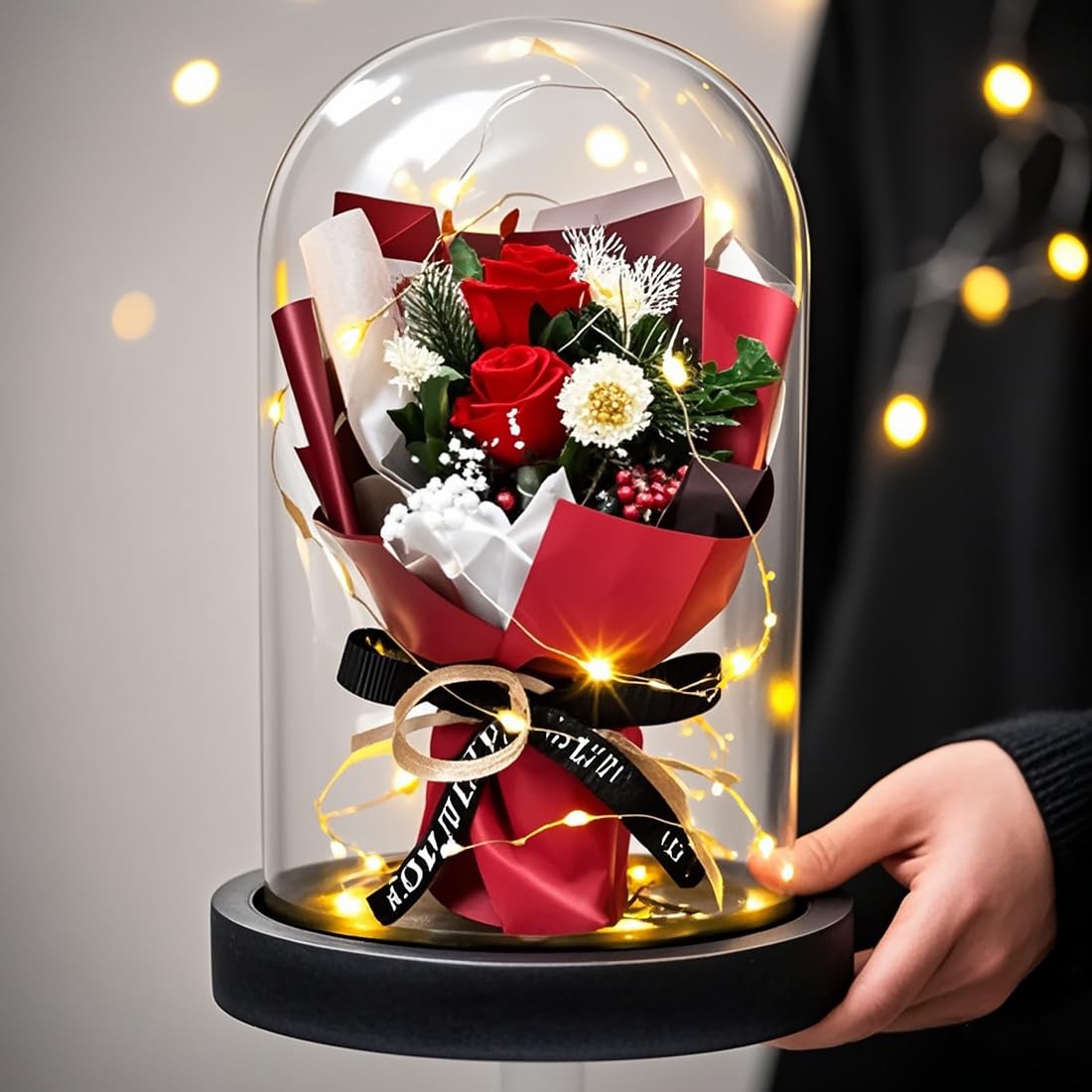 Geschenk für Frauen, Ewige Rose im Glas mit LED, Rote Rose Blumenstrauß, Dekoration für Zuhause, Langlebige Echte Blumen für Mama, Freundin, Ehefrau, Oma (Rot)