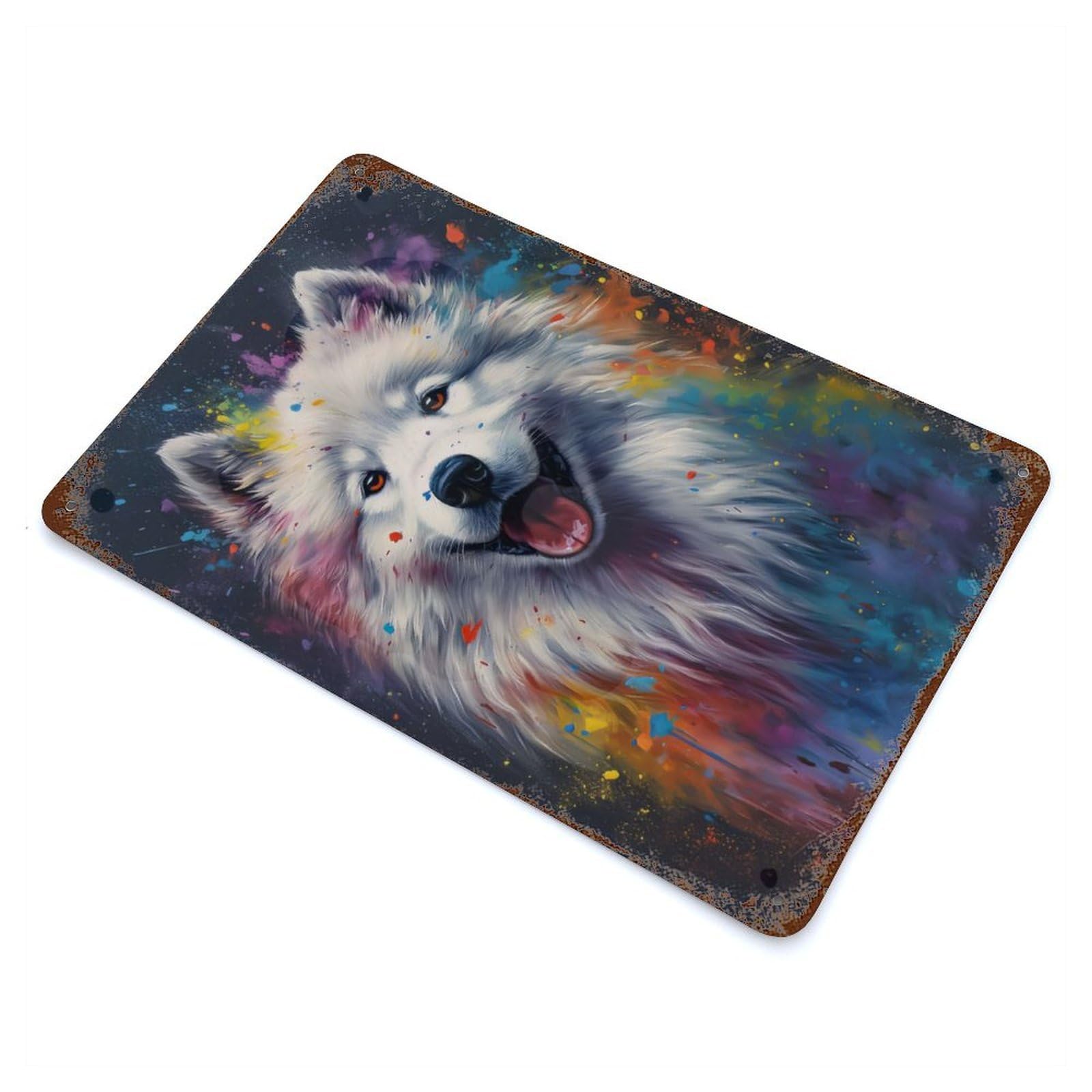 Rust Effect Samoyed Painting Distressed Metal Wall Sign 11.8"x7.9", Decorative Metal Wall Art for Living Room, Hallway And Home Decor