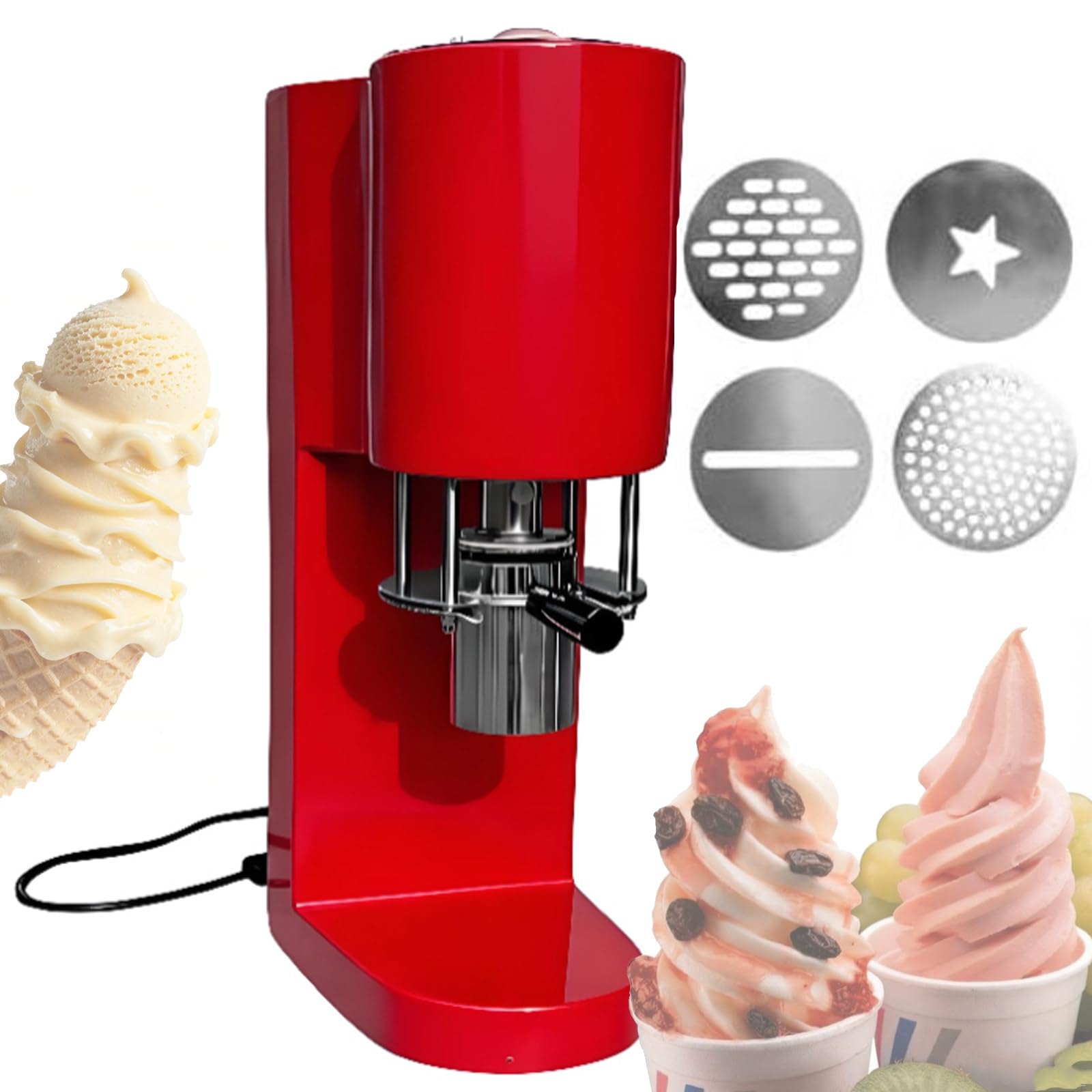Quixnova Professional Spaghetti Ice Cream Machine – 80W Ice Cream Noodle Extruder for Restaurants, Bars and Dessert Shops, Includes 4 Interchangeable Molds, 28-30 L/h Output Red