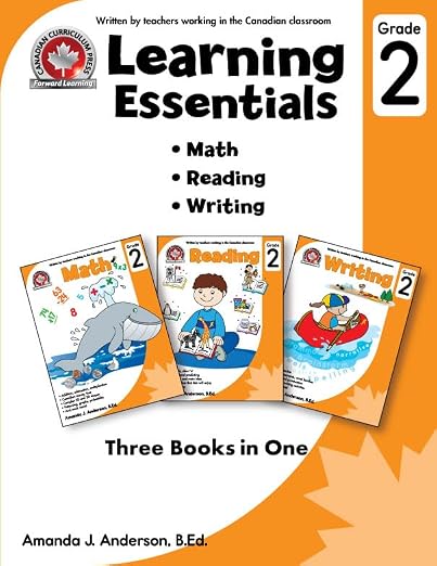 Learning Essentials | Grade 2 | 3-in-1 Workbook for Math, Reading & Writing | Full Colour, Ages 7-8 | Educational Workbook | Canadian Curriculum | Early Learning Activities