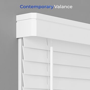 Lumino 2 Faux Wood Blinds - Smooth Slat, 46.5 W x 48 L White | Cordless, Modern Valance, Custom Sizes