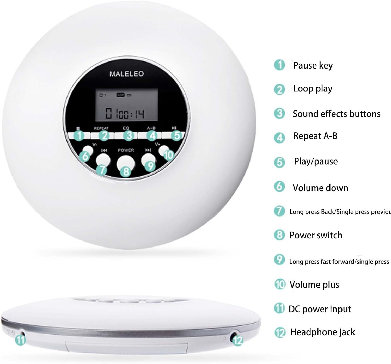 CD Player Portable,Rechargeable Portable CD Player for Car and Travel, Personal CD Player with Headphones Jack USB Supply Battery Powered CD Music Disc with LCD Display (White)