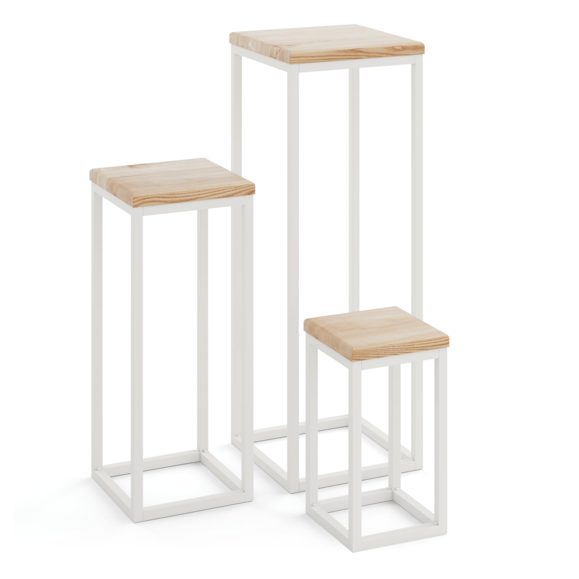 LAMO Manufaktur Pflanzenständer Set - 3 Stücke 30/50/70 cm | Blumenständer Weiss Metall | Blumenhocker Holz mit Natur Farbe | 100% Echtholz | Sockel für Zimmerpflanzen