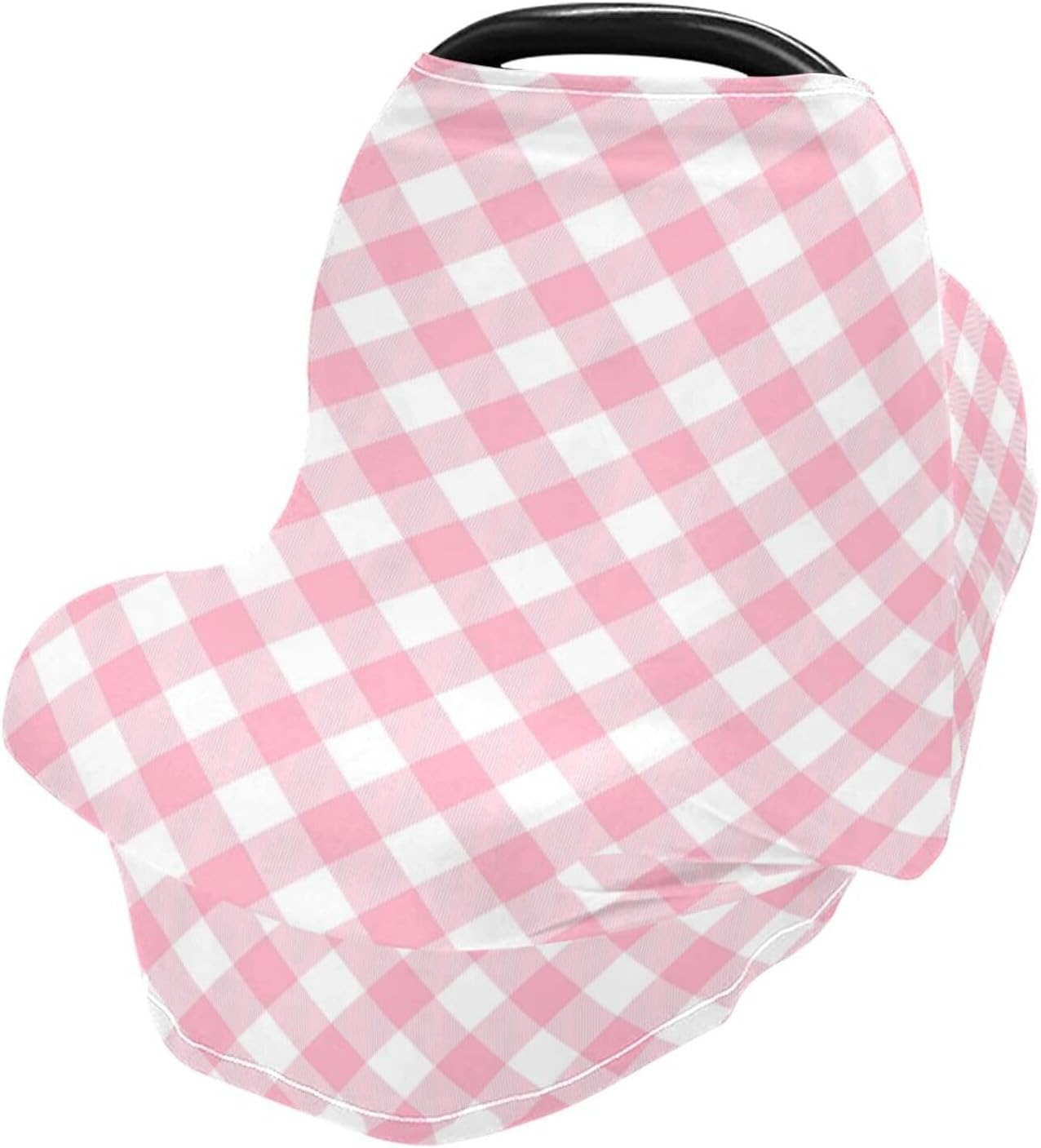 Pink Gingham Baby Car Seat Cover, Breathable Nursing Breastfeeding Cover, Stretchy Canopy for Stroller, Shopping Cart, High Chair, for Boys & Girls