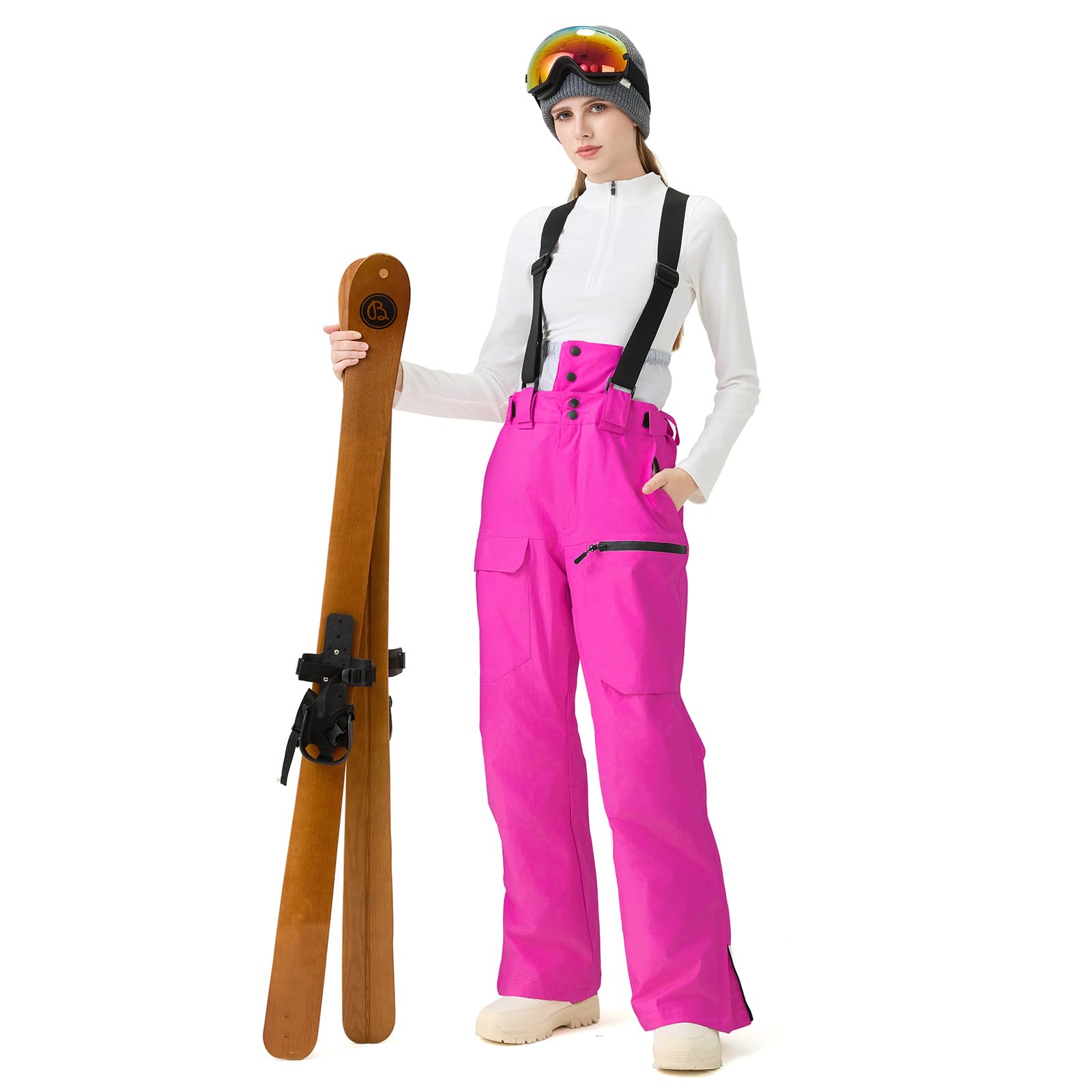 ALSOGO Pantalones de esquí para mujer, impermeables, aislados, para invierno, snowboard, tirantes ajustables, pantalones de nieve, resistentes al viento, pantalones cálidos para exteriores