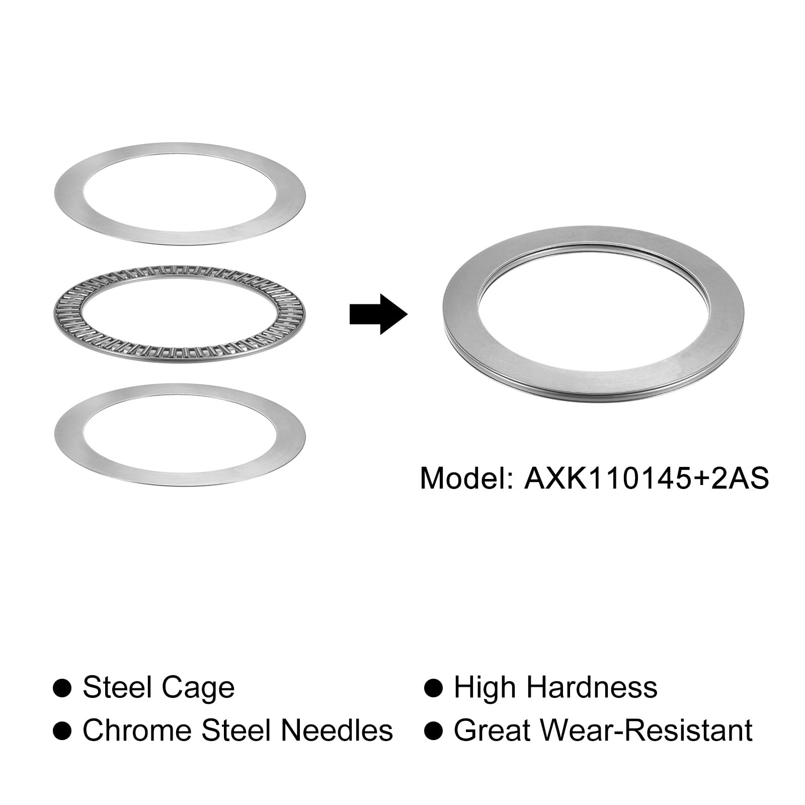 sourcing map AXK110145 Axial-Nadellager mit Unterlegscheiben 110mm Bohrung 145mm Außendurchmesser 4mm Breite 2 Stück