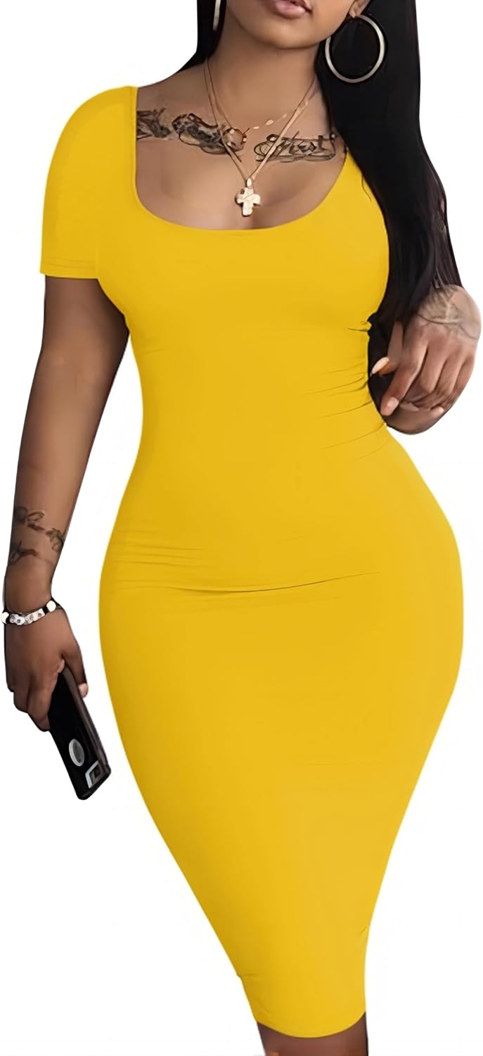 Nimsruc Womens Summer Casual Sexy Short Sleeve Bodycon Dress Basic Pencil Midi Club Dresses