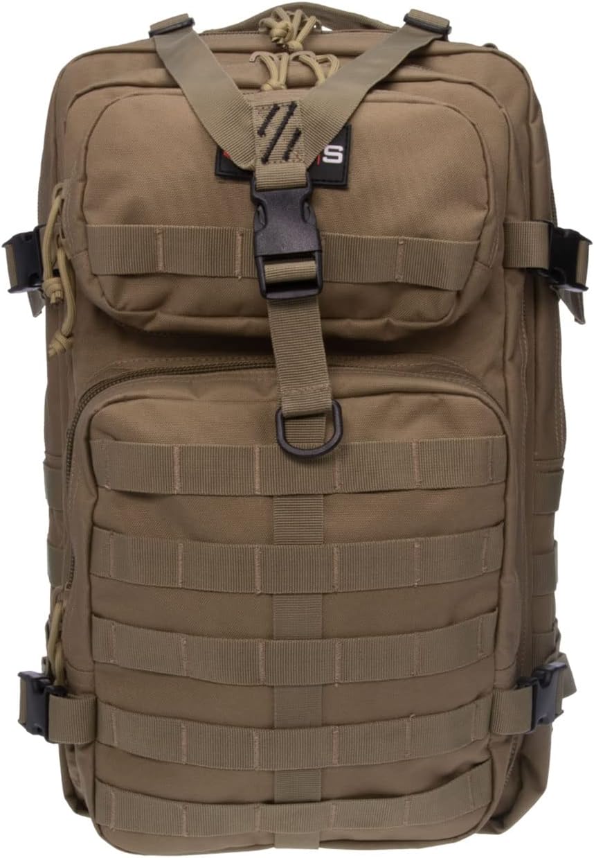 G OUTDOORS PRODUCTS Tactical Bugout Tan Durable Weatherproof Water-Resistant Computer Backpack with 2 Removable Pistol Cases, Magazine Pouches & MOLLE Webbing for Shooting & Hunting