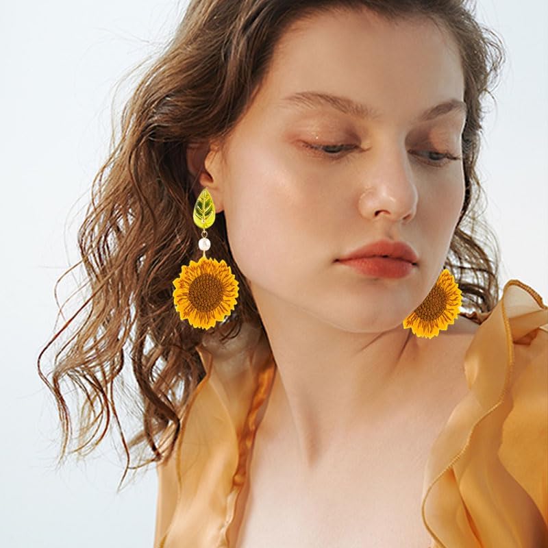 Sunflower Earrings for Women 3D Sunflowers Daisy Flower Stud Dangle Earrings Unique Flower Clip on Earrings Bohemian Statement Earrings Spring Jewelry Gifts - Image 2