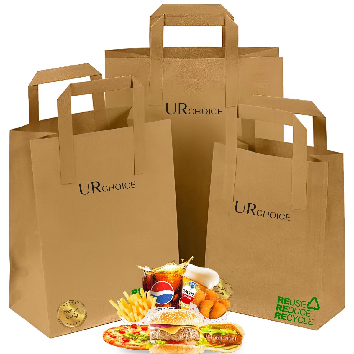 UR CHOICE Brown Paper Bags with Handles - Medium SOS Kraft Paper Bags (Pack of 100) - Durable & Biodegradable - Ideal for Food, Lunch, Party, Gift & Takeaway