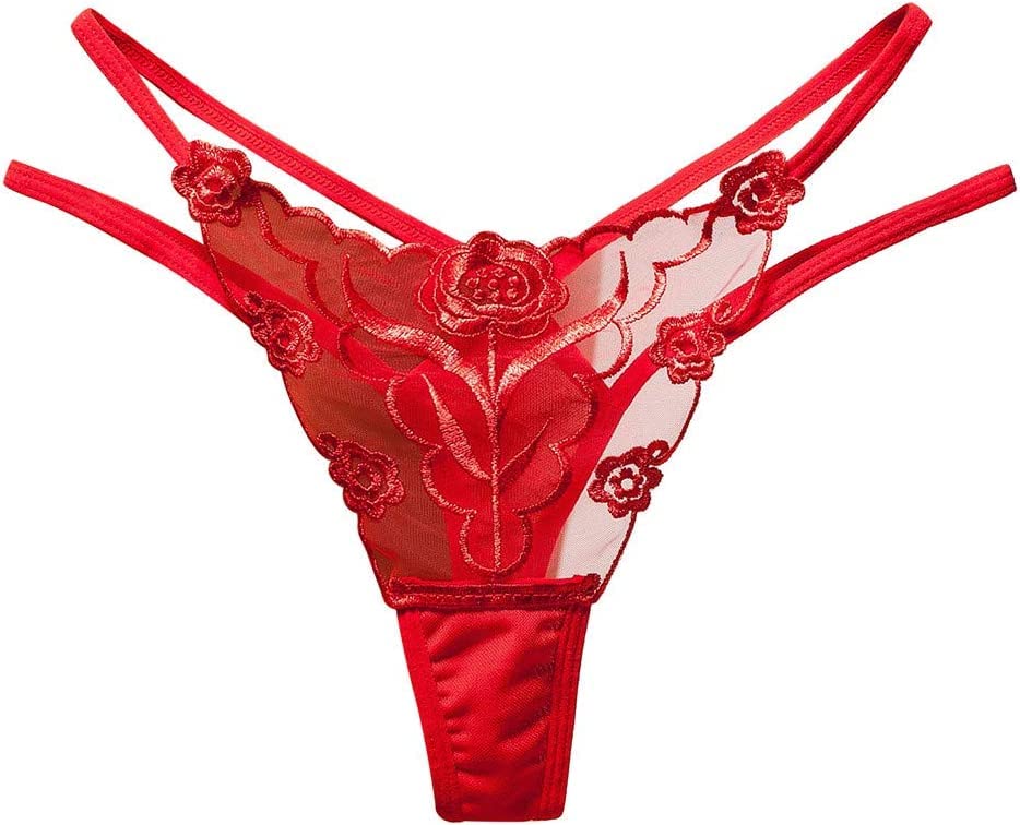 bjac Women's Fashion Lace Transparent Thongs Flower Embroidery Panties Mesh Panties Underwear Hot G-String Red-picture-26