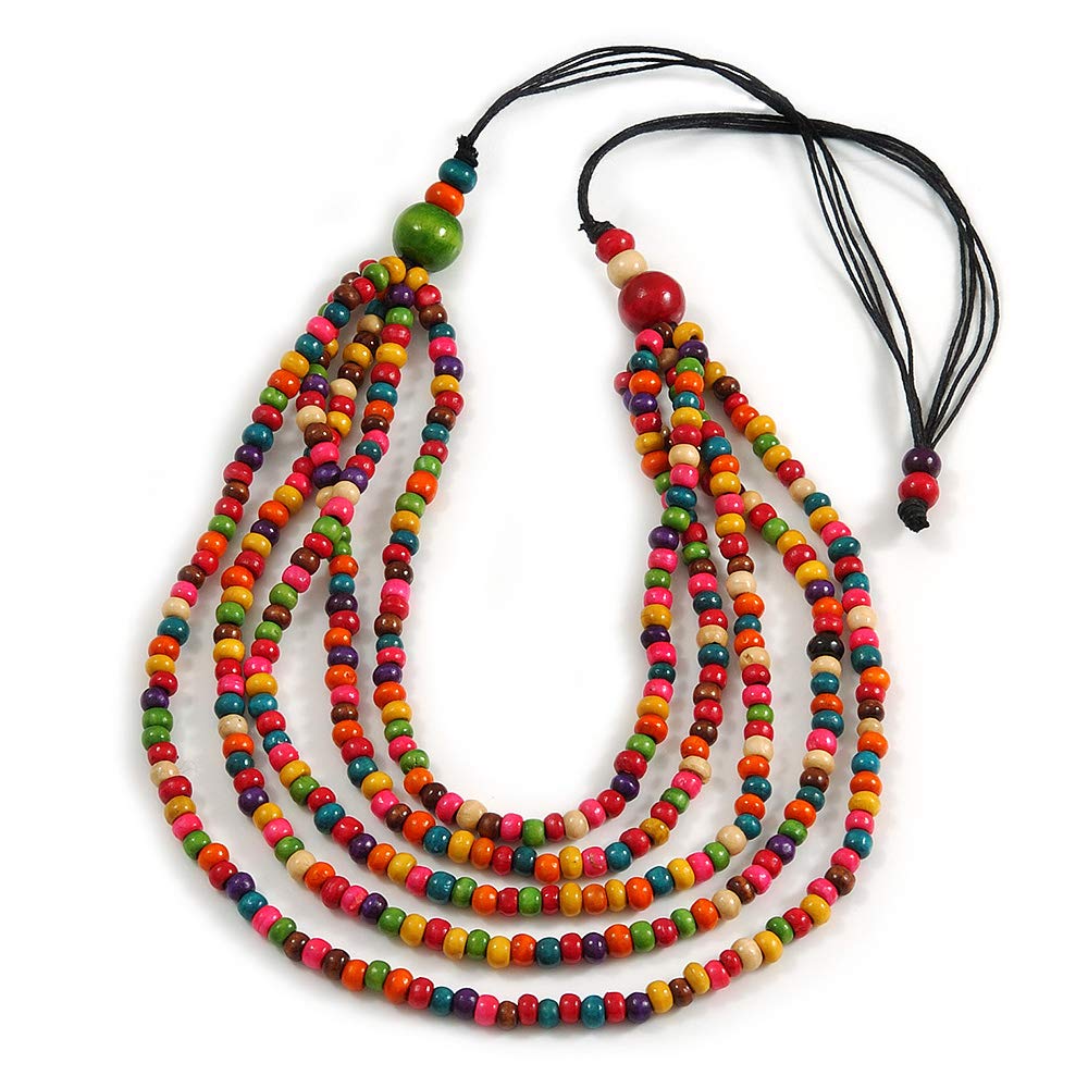 Avalaya Collana multifilo multicolore con perline in legno e cordoncino di cotone, lunghezza massima 90 cm, regolabile, Misura unica, corde, legno, Nessuna pietra preziosa