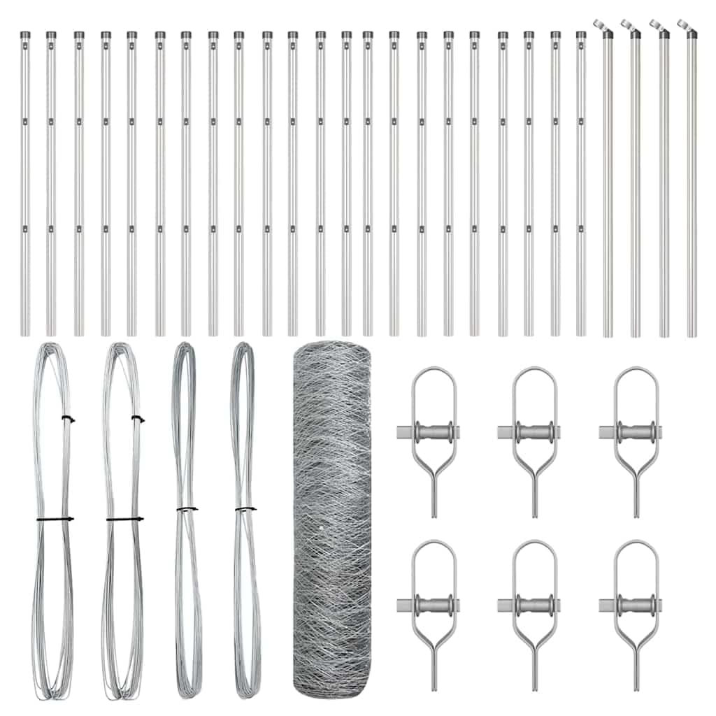Garden Fence Post Set Silver Steel 50m x 0.8m 50mm Mesh Outdoor Security Barrier for Yard Terrace Pet Enclosure Corrosion Resistant Easy Assembly