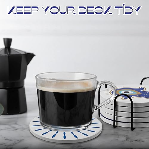 Miniatura 7 de Zubebe Juego de 6 posavasos de cerámica contra el mal de ojo con portavasos, posavasos azules malvados para bebidas, tapete redondo absorbente con