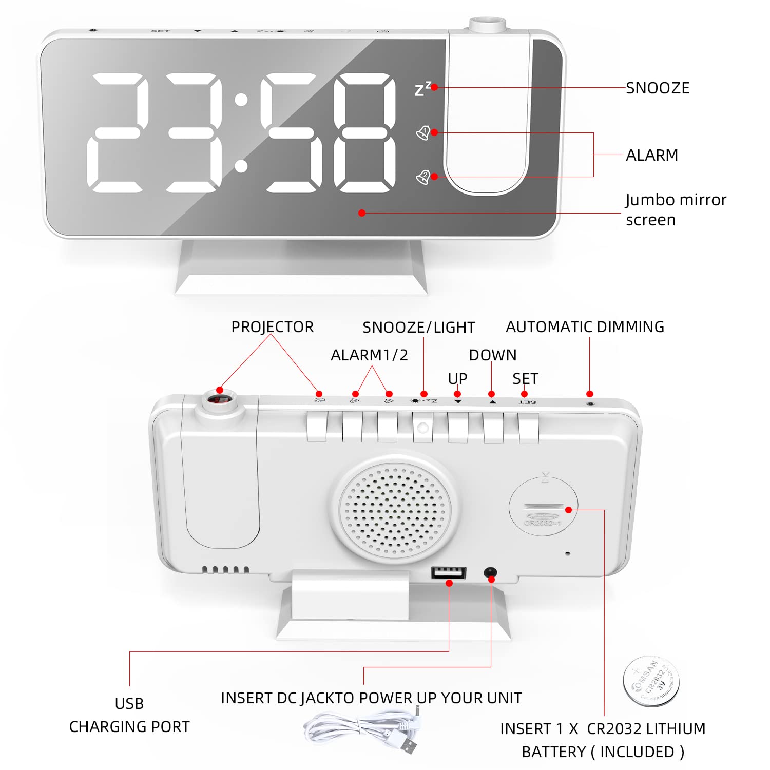 Budzik z projektorem na ścianę, podwójny alarm, drzemka, 12/24 h, port ładowania USB, LED, lustro, wyświetlacz, 4 poziomy jasności, ściemniacz, biało-biały