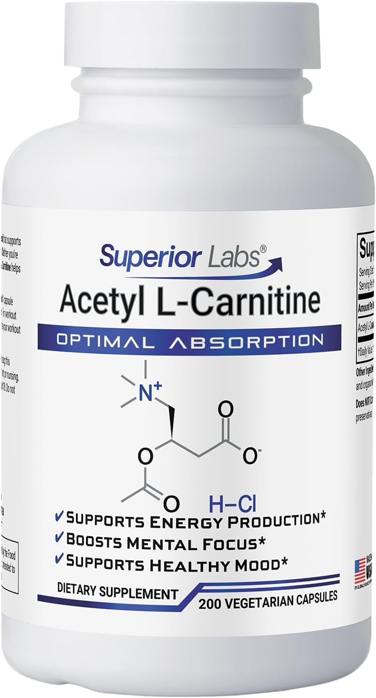 Superior Labs Acetyl L-Carnitine 500 mg, High Potency ALCAR, Pure Non-GMO, Zero Synthetic Additives, Maximum Absorption, Energy & Fat Metabolism, Brain, Nerve & Cellular Detox Support, 200 Veg Caps