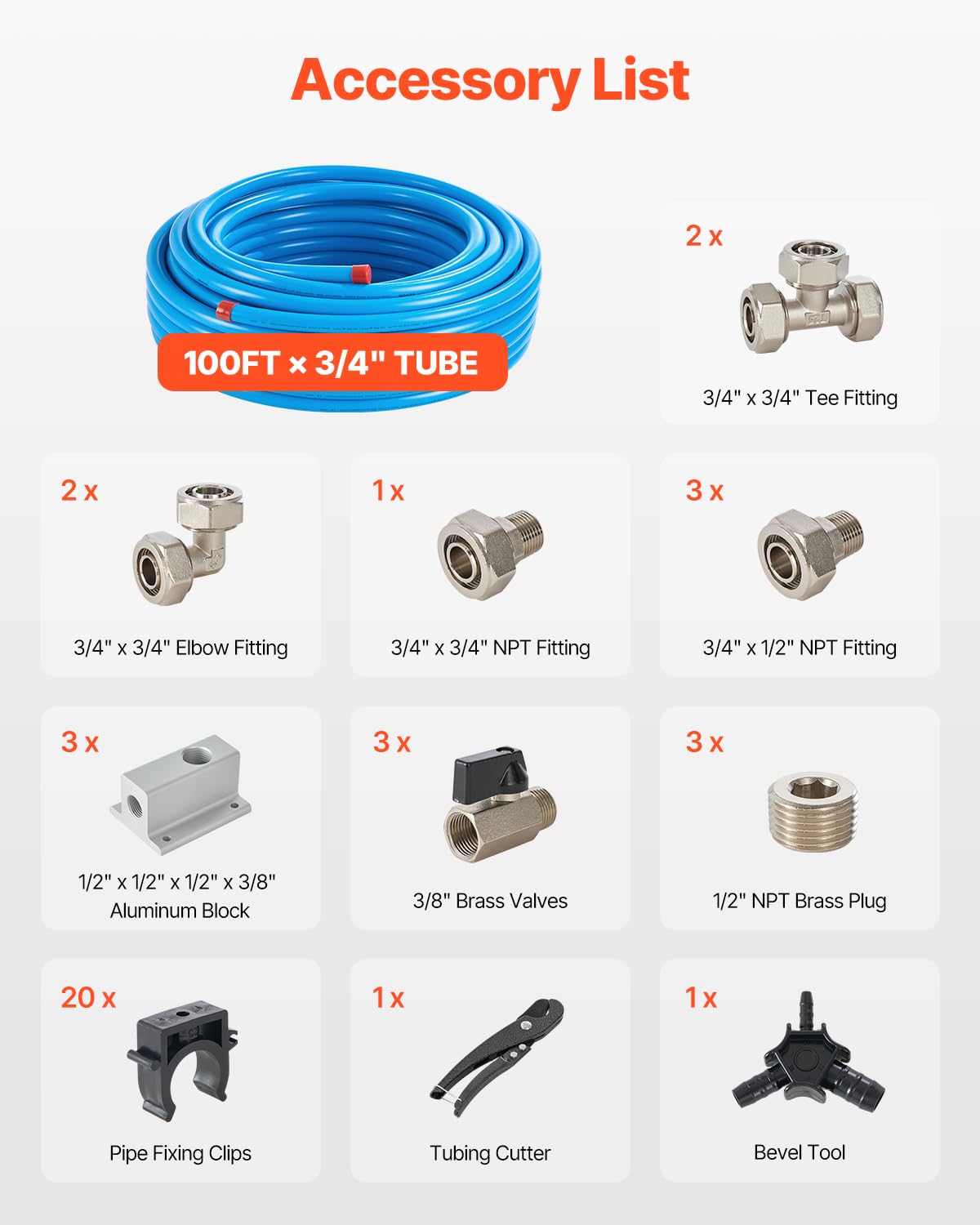 VEVOR Kit di Tubi per Compressore d'Aria 30,48 m x 19,05 mm Sistema di Tubazioni per Aria Compressa, a Prova di Perdite, Resistente alla Pressione, Kit di Tubi per Linee di Aria Compressa per Garage