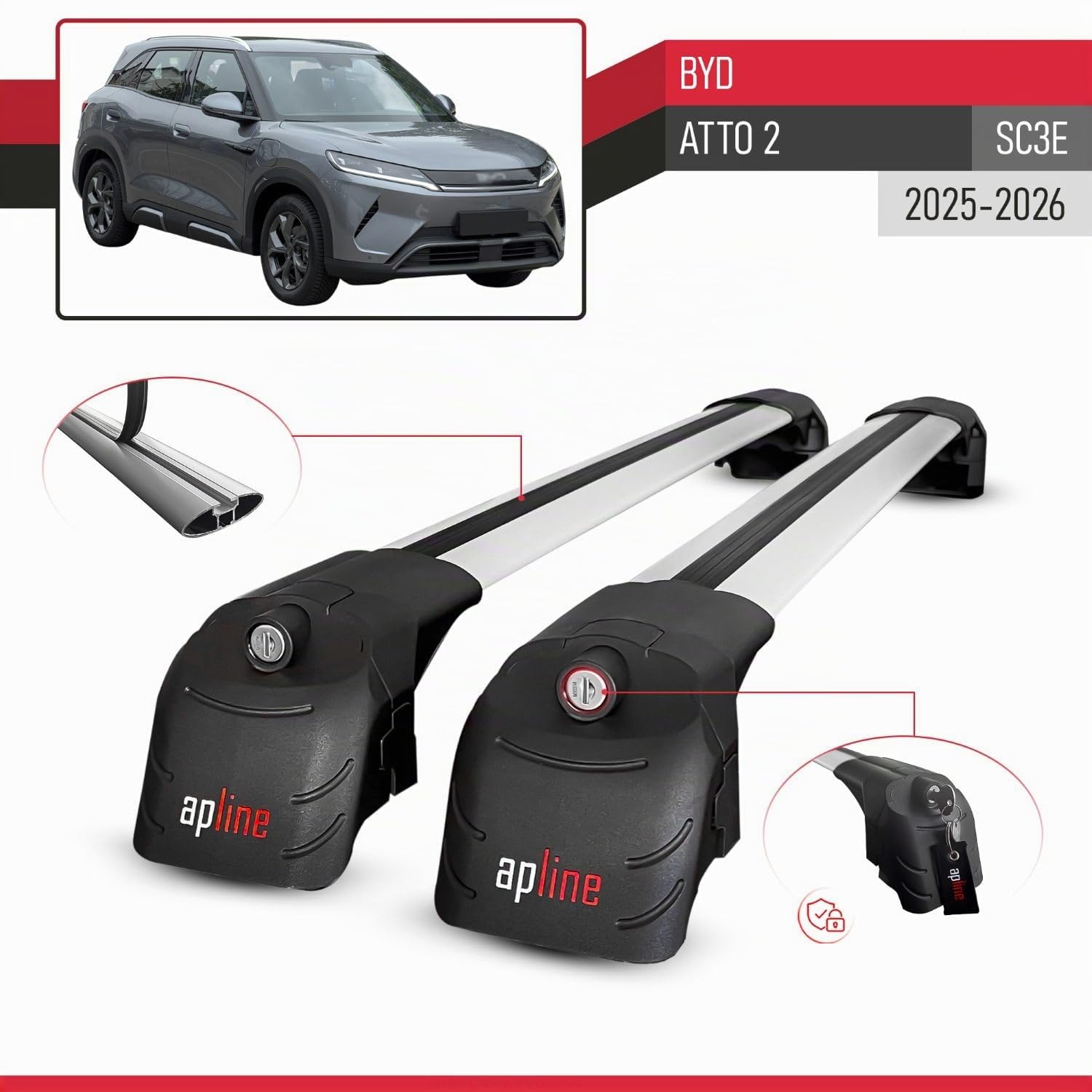 Compatibile con BYD Atto 2 (SC3E) 2025-2026 Modello ACE-2 Barre Tetto Portapacchi Auto Barre Portatutto Grigio Alluminio 2 Barre