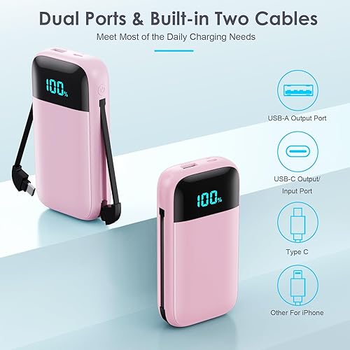 Miniatura 7 de Cargador portátil con cables integrados, batería ultracompacta de 13800 mAh PD de carga rápida USB C, pantalla LCD de 4 salidas, compatible con