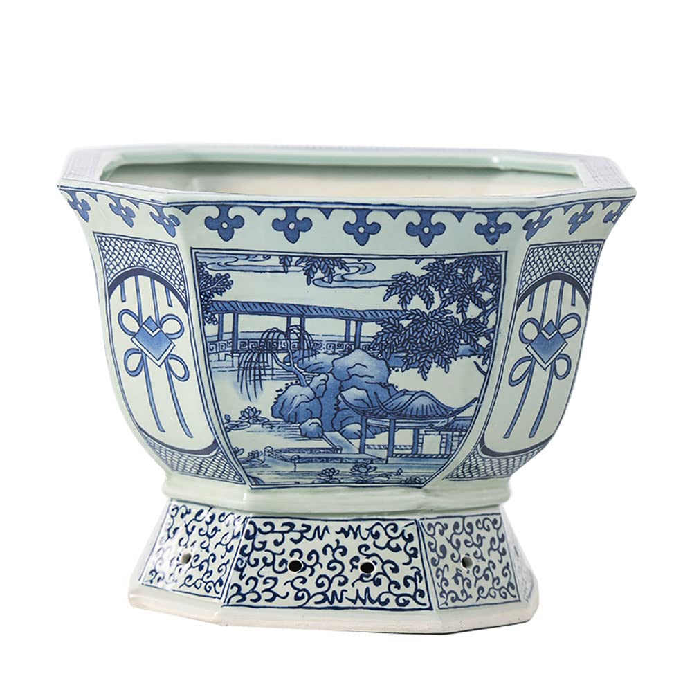 Ceramiczna doniczka, niebiesko-biała porcelana, zielona doniczka, antyczny wzór krajobrazu, zielone rośliny, doniczka, ogrodnictwo, rośliny doniczkowe, porcelana w donicz