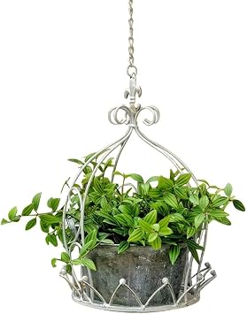 Metal Hanging Planter Basket,Vintage Iron 14 inch Hanging Baskets for Plants Outdoor Indoor, Balcony Flowerpot with Chain,No Plants Included White