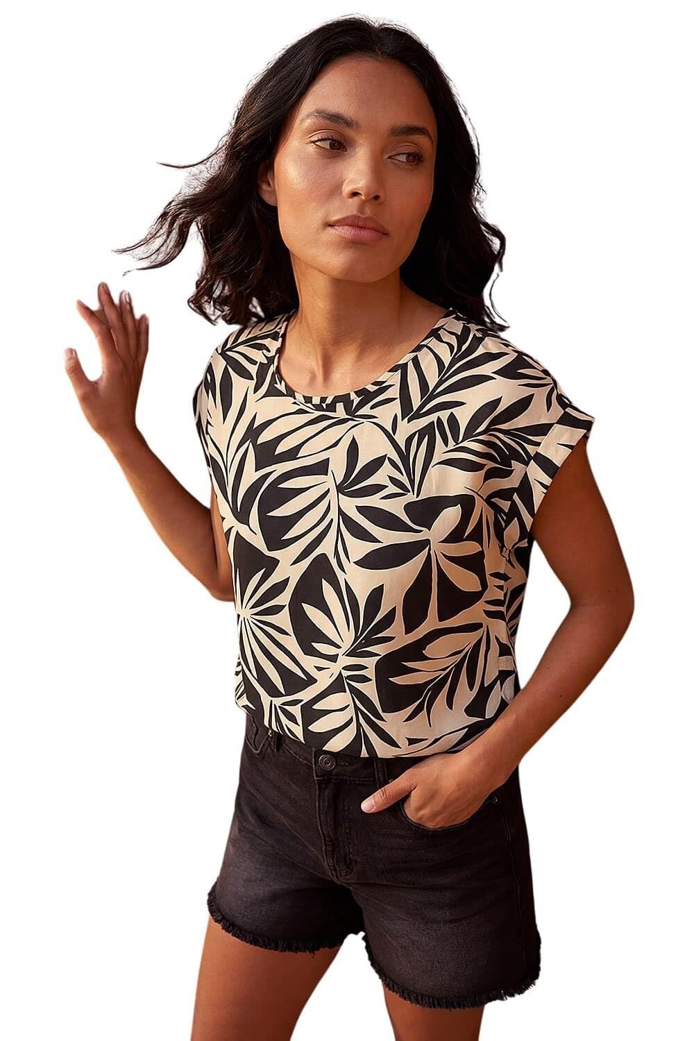 Roman Women's Multicolor Leaf Print Shell Top | Size: 20