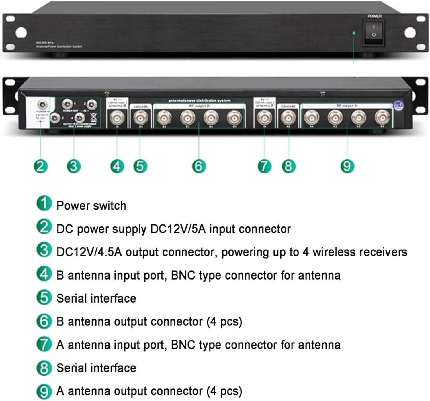 Combinatore di antenna wireless, 8 uscite + 2 porte a cascata, antenna direzionale attiva, amplificatore di segnale per microfoni wireless, portata 1000 m