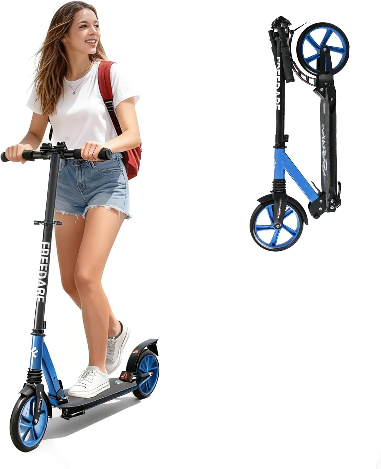 FREEDARE Kick Scooter for Kids & Adults Ages 8+, Foldable Teen Scooter with 2 Big 8-inch Wheels and 4-Level Adjustable Handlebar, Max Load 220 LBS