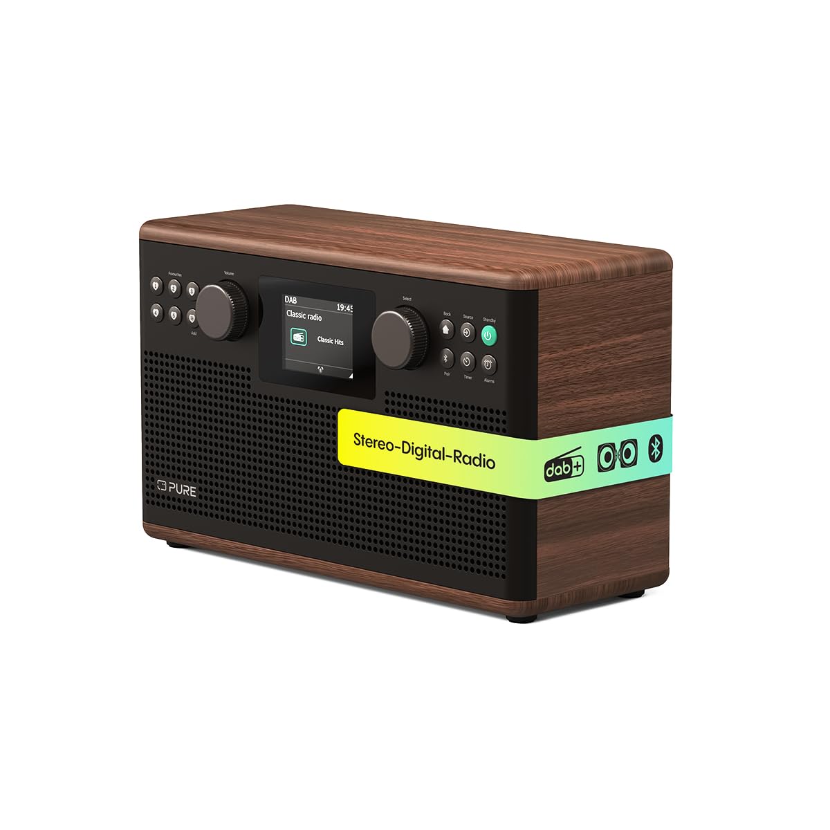 Pure Classic H6 Radio Estéreo Digital con DAB+, FM, Bluetooth 5.3, Pantalla TFT 2,4", 2×15 W, Marrón Café/Nogal