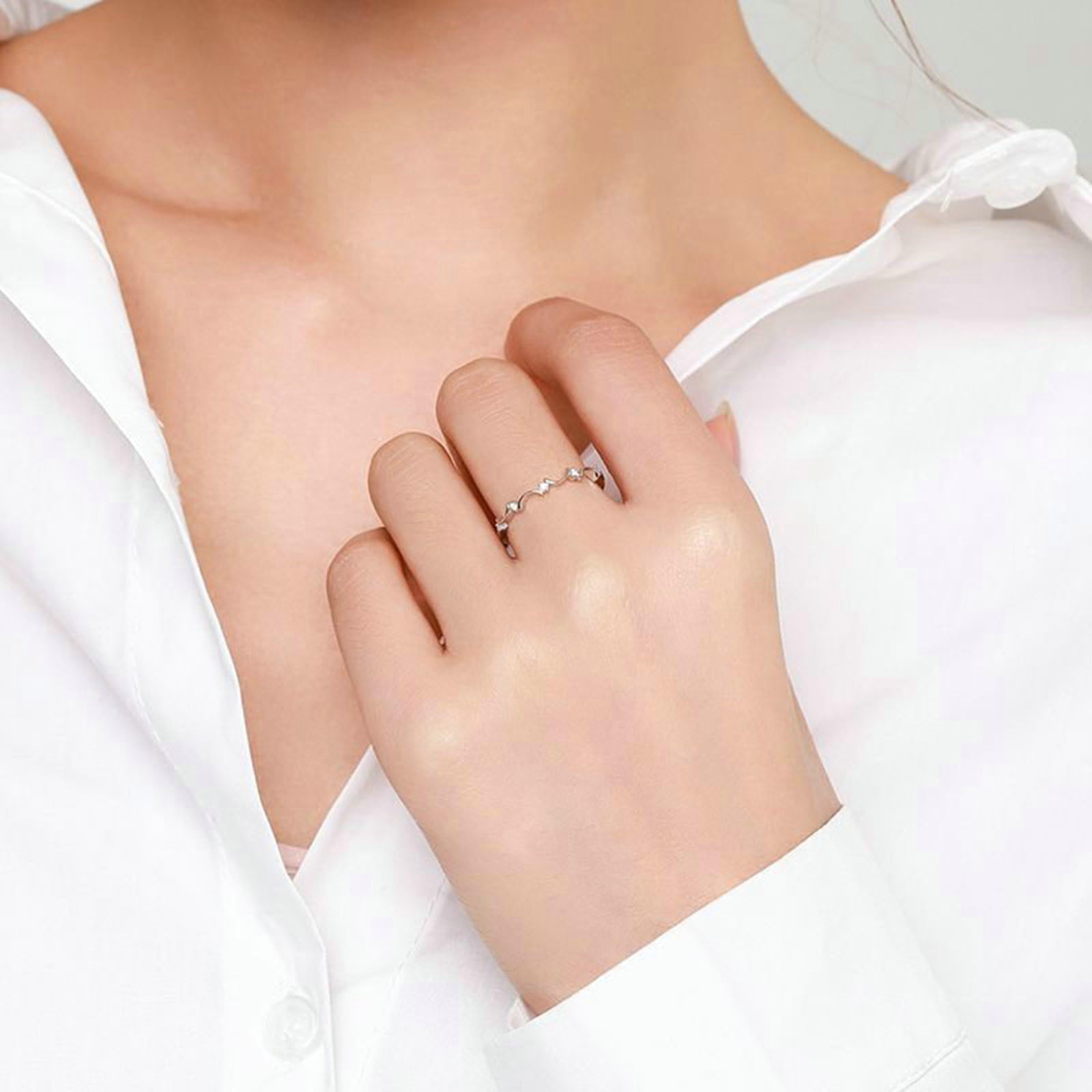 Bague Femme Or Blanc 9/14/18 carats, Anneau Empilable Lune Orné de Diamant, Bague Fine Or Véritable