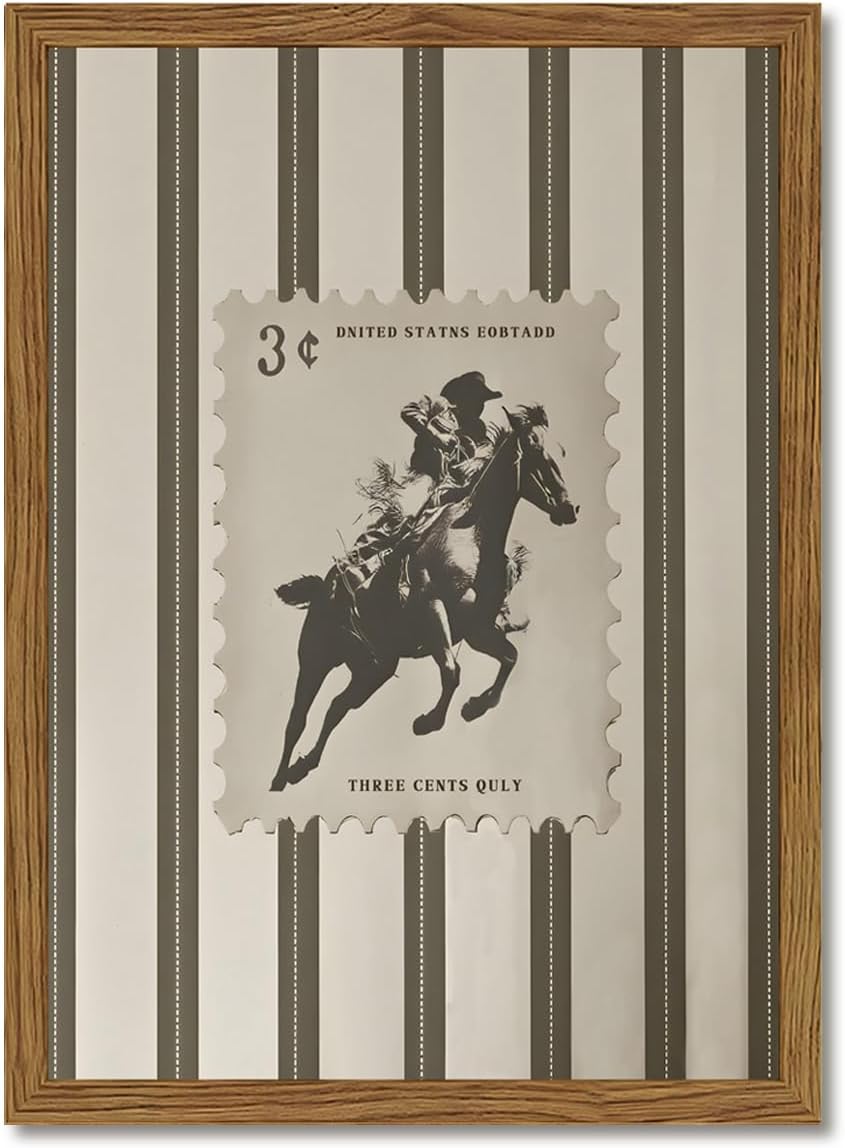 Vintage Western Wall Art, Striped Rodeo Wall Decor Southwest Cowboy Poster Canvas Prints, Retro Stamp Mid West Mid Century Artwork Aesthetic for Bedroom Living Room 12x16 inch Wood Framed 16"L x 12"W Cowboy B