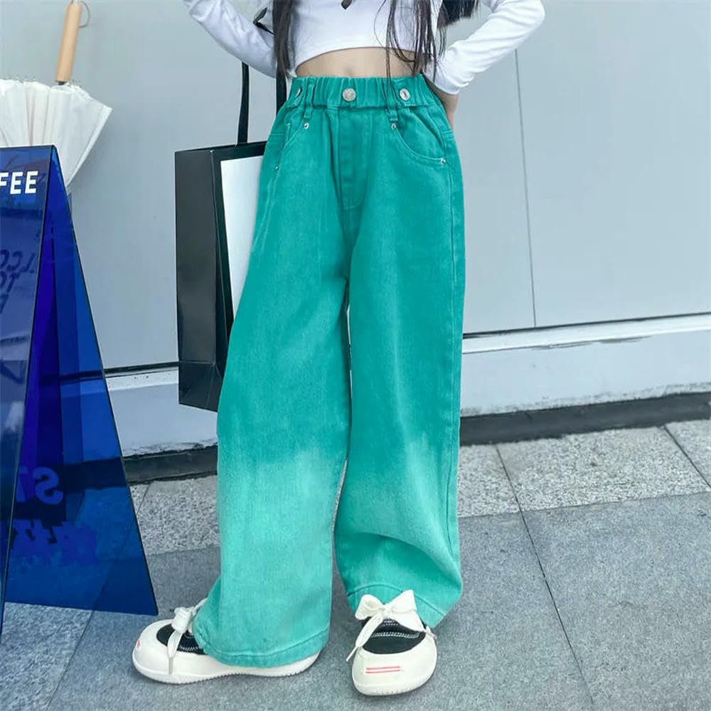 GLDFW 4-14 lat wiosna jesień dziewczęce dżinsy nastolatki gradient długi styl spodnie dziecięce jeansowe spodnie z szerokimi nogawkami ubrania dla dzieci