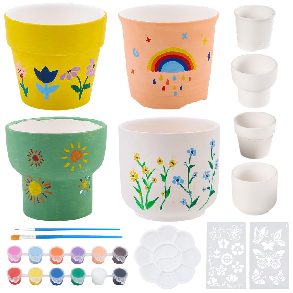 WEBEEDY 4 Sets Ceramic Flower Pot Painting Kit for Adults Beginner Paint Your Own Ceremic Pottery Vase with Butterfly Flower Stencil, Paint, Brush, Palette DIY Succulent Plant Pots Figurines for Home
