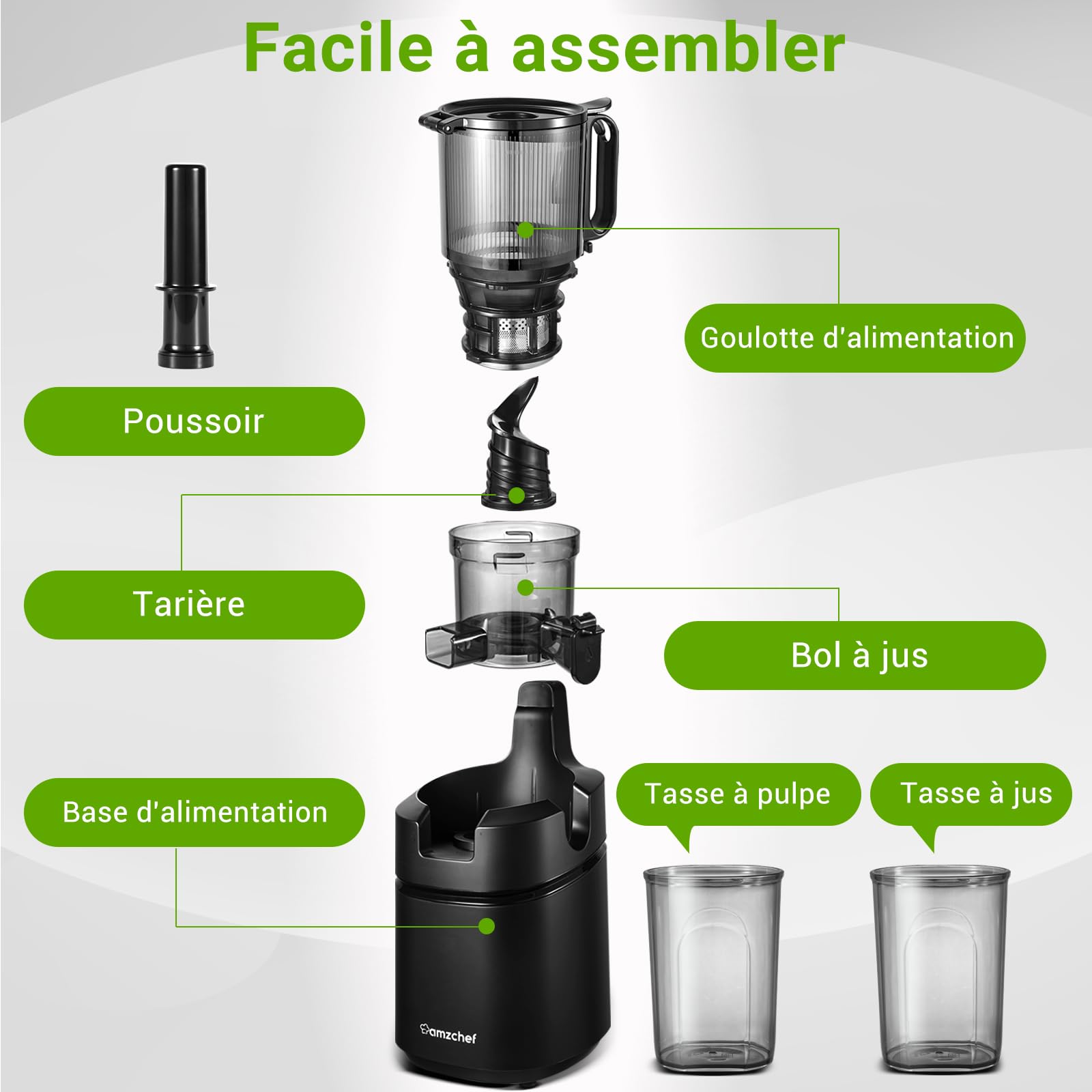 AMZCHEF Extracteur de jus lent automatique 250W 135mm 1,8L triple filtre Noir