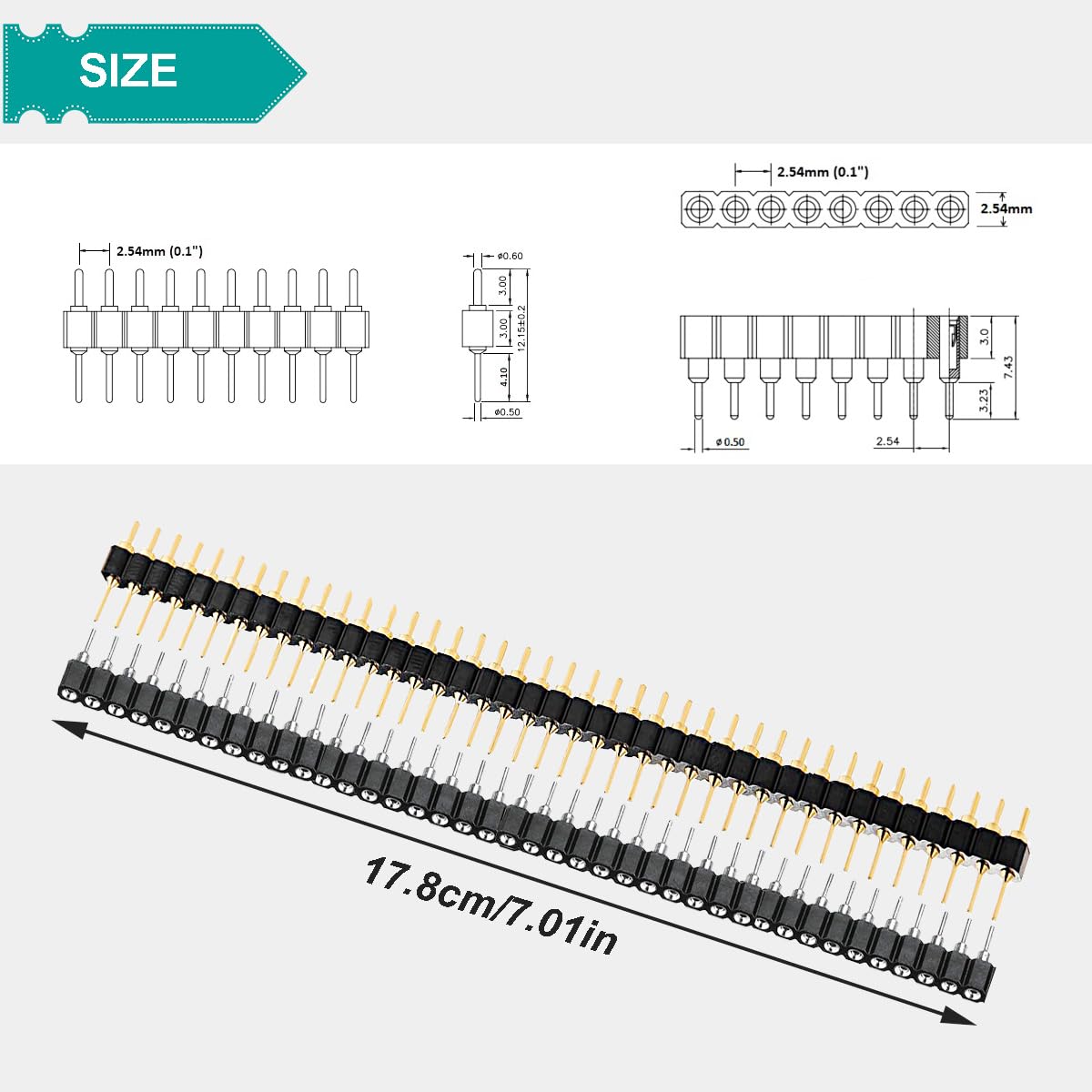 Listwa wtykowa i gniazda, okrągła, 2,54 mm, 0,1 cala, pozłacana 40P, męska, ocynkowana, listwa gniazda, kombinacja, prosta, jednorzędowa, 20 sztuk