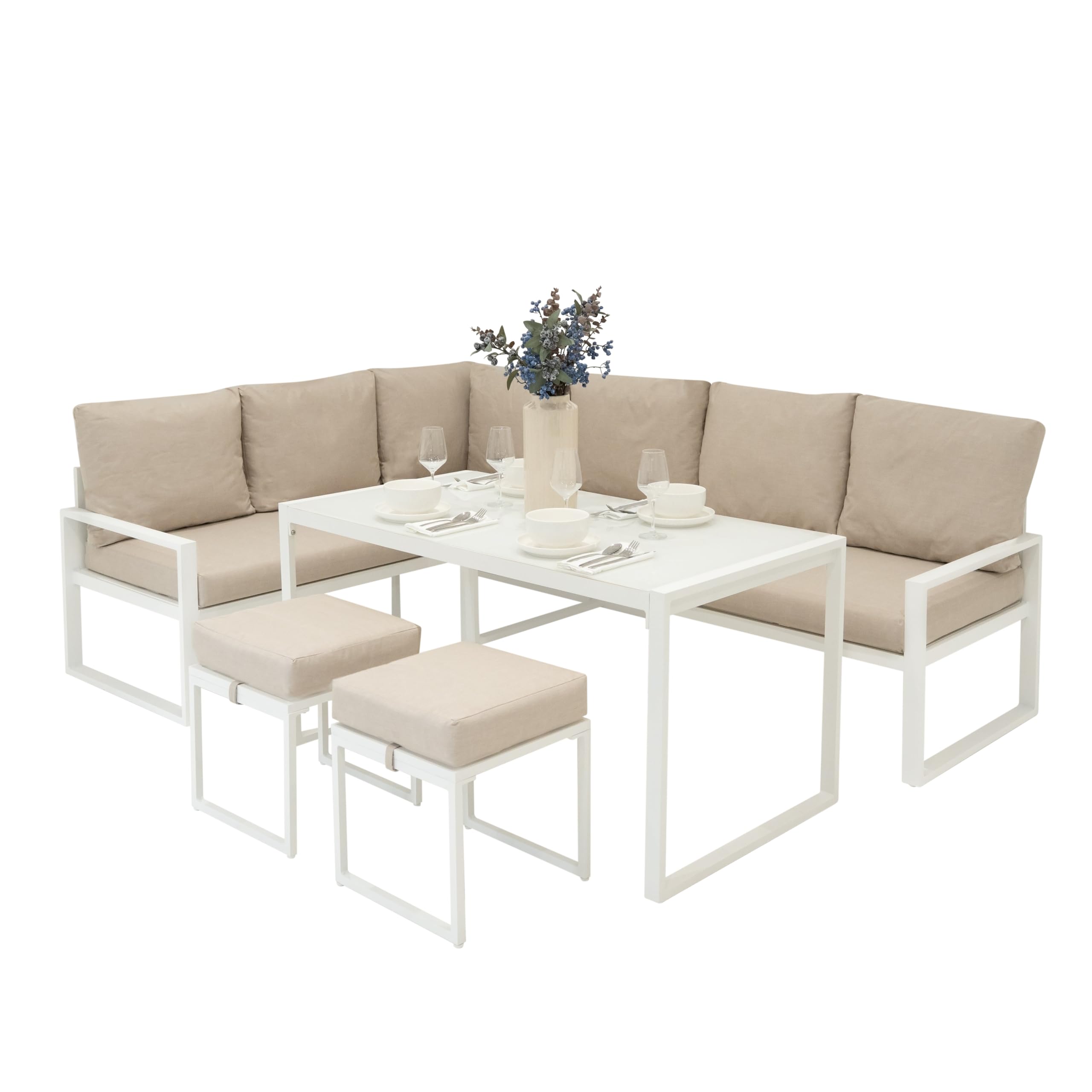 Conjunto Sofá Esquinero de Aluminio 7 plazas | Blanco | Sofa + 2 Taburetes + Mesa con Tapa de Vidrio + Funda Impermeable | Cojines Lavables, Diseño Moderno y Resistente para Jardín Terraza