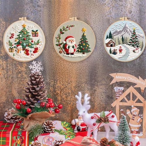 Image of LB Red Christmas Embroidery Kit for Beginners Adults, 3 Sets Hand Embroidery Starter Kit with Santa Pattern and Instructions Stamped Cross Stitch Kits Include Embroidery Hoop Needles Threads Scissors