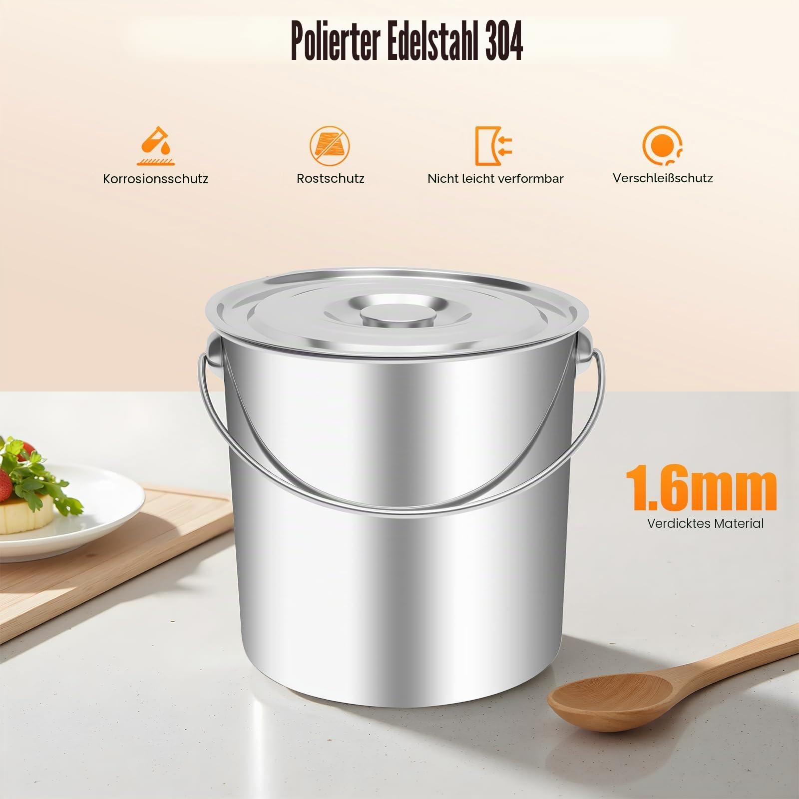 Edelstahl Eimer Kücheneimer Eimer mit Deckel Lebensmitteleimer Kücheneimer Futtereimer Milcheimer Eimer Garteneimer Baueimer für Gastronomie, 20L