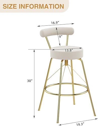 Miniatura 2 de Awonde Juego de 2 taburetes de bar giratorios dorados de terciopelo marfil, taburetes de bar de 30 pulgadas de altura para isla de cocina con patas