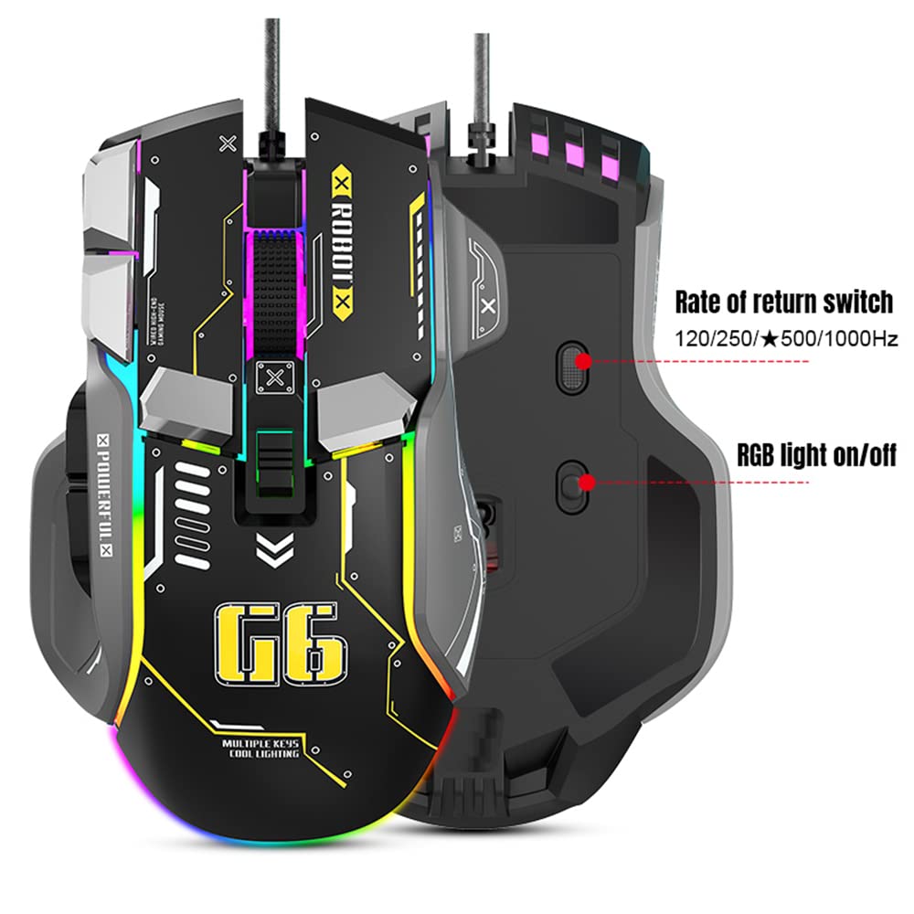 LJFLYXRI Ratón con cable Macro Programación Gaming Mouse Ergonómico RGB Mecánico Ratón 128000 DPI Retroiluminación Ordenador Gamer Mouse para ordenador portátil PC Escritorio (negro)