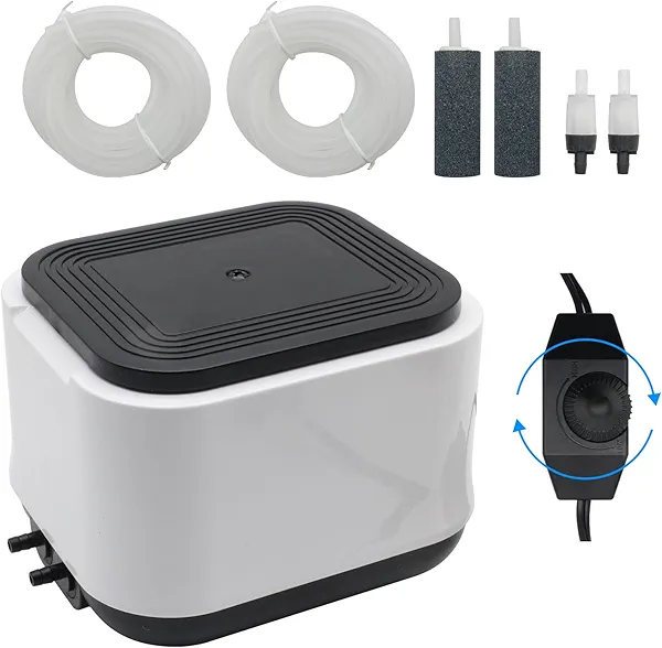 HUIXHAO Aquarium Air Pump for Fish Tank, 2 Outlets Adjustable Bubbler, Ultra Quiet & Powerful (3W/5W/10W), Includes Air Stones/Tubing/Check Valve, 108GPH-260GPH for 300-600 Gallon Tanks