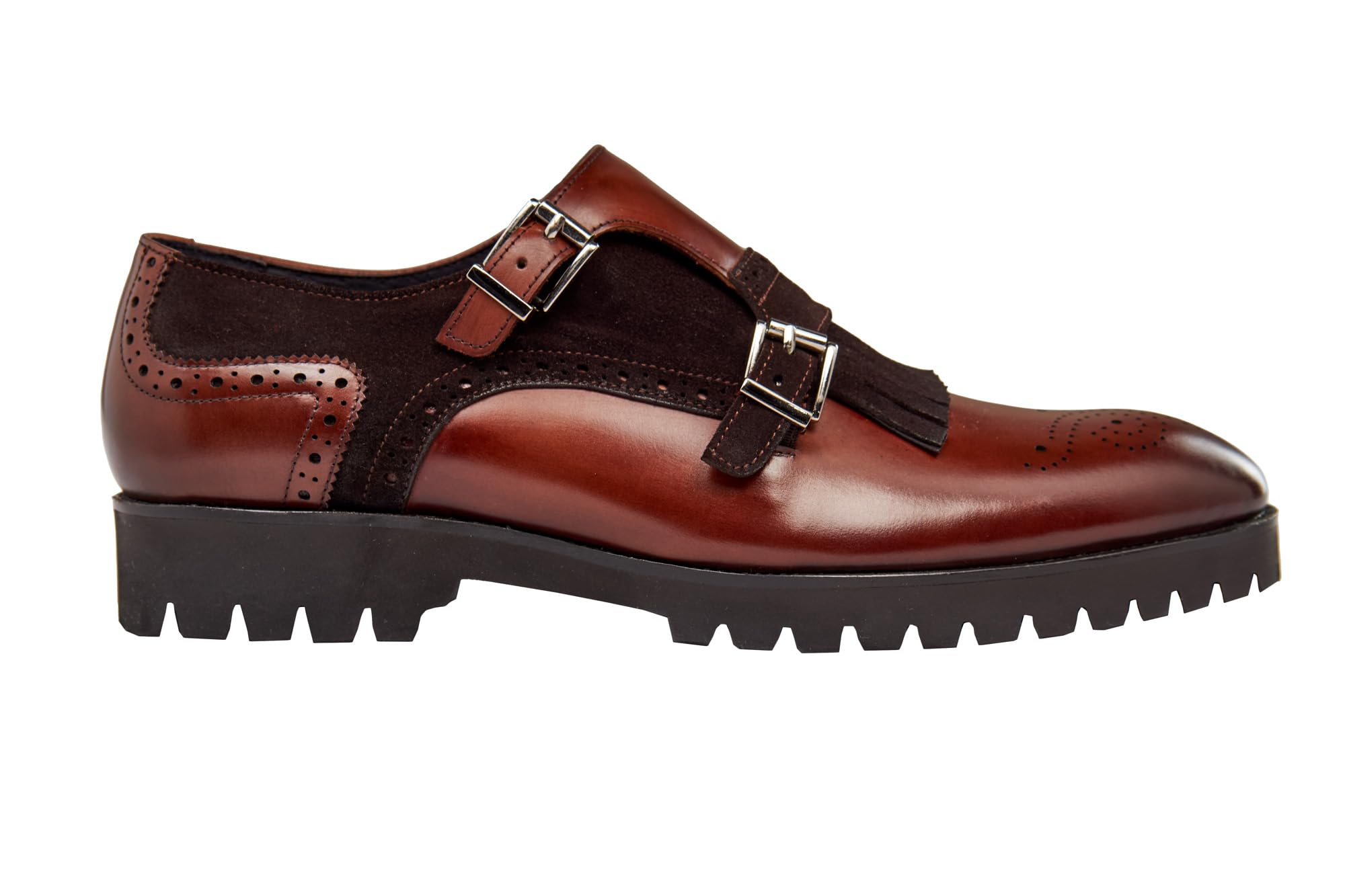 Zapatos de Hombre de Piel auténtica y Ante Hechos a Mano con Flecos y Doble Hebilla Brogue con Suela Dentada