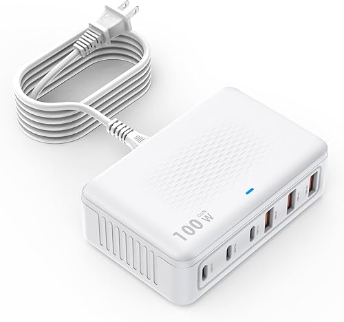 Cargador rápido USB C, 100 W, GaN 6 puertos tipo USB C, bloque de concentrador, cargador de pared USBC, adaptador de tira de alimentación de enchufe