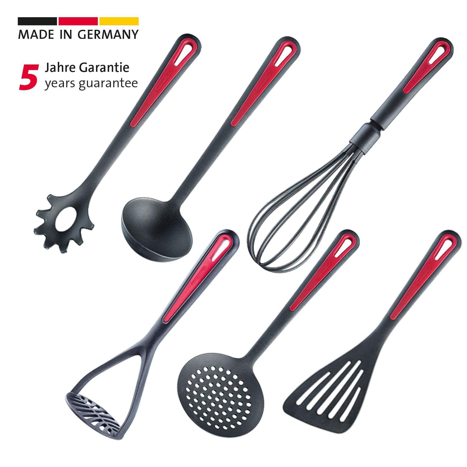 Westmark Küchenhelfer-Set, 6-tlg, Pfannenwender, Schaum-, Spaghettilöffel, Suppenkelle, Kartoffelstampfer, Schneebesen, Hochwertiger Kunststoff, Gallant, Schwarz/Rot, 290022E6