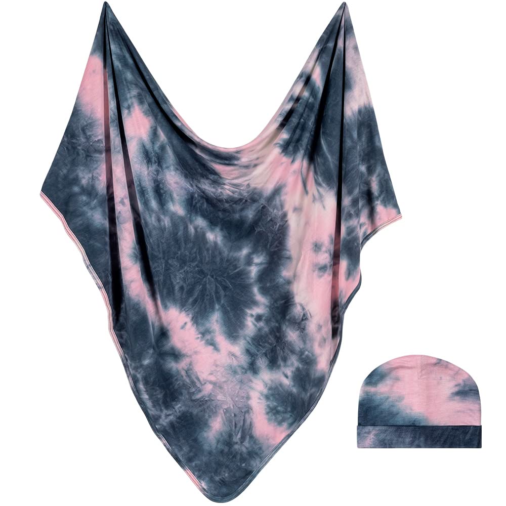 Bazzle Baby Blanket Set, Baby Girl or Baby Boy Swaddle and Hat Set, 36 x 36 inch Comfortable Newborn Swaddle Set for Newborn Girls and Boys, Pink & Smoke Tie Dye