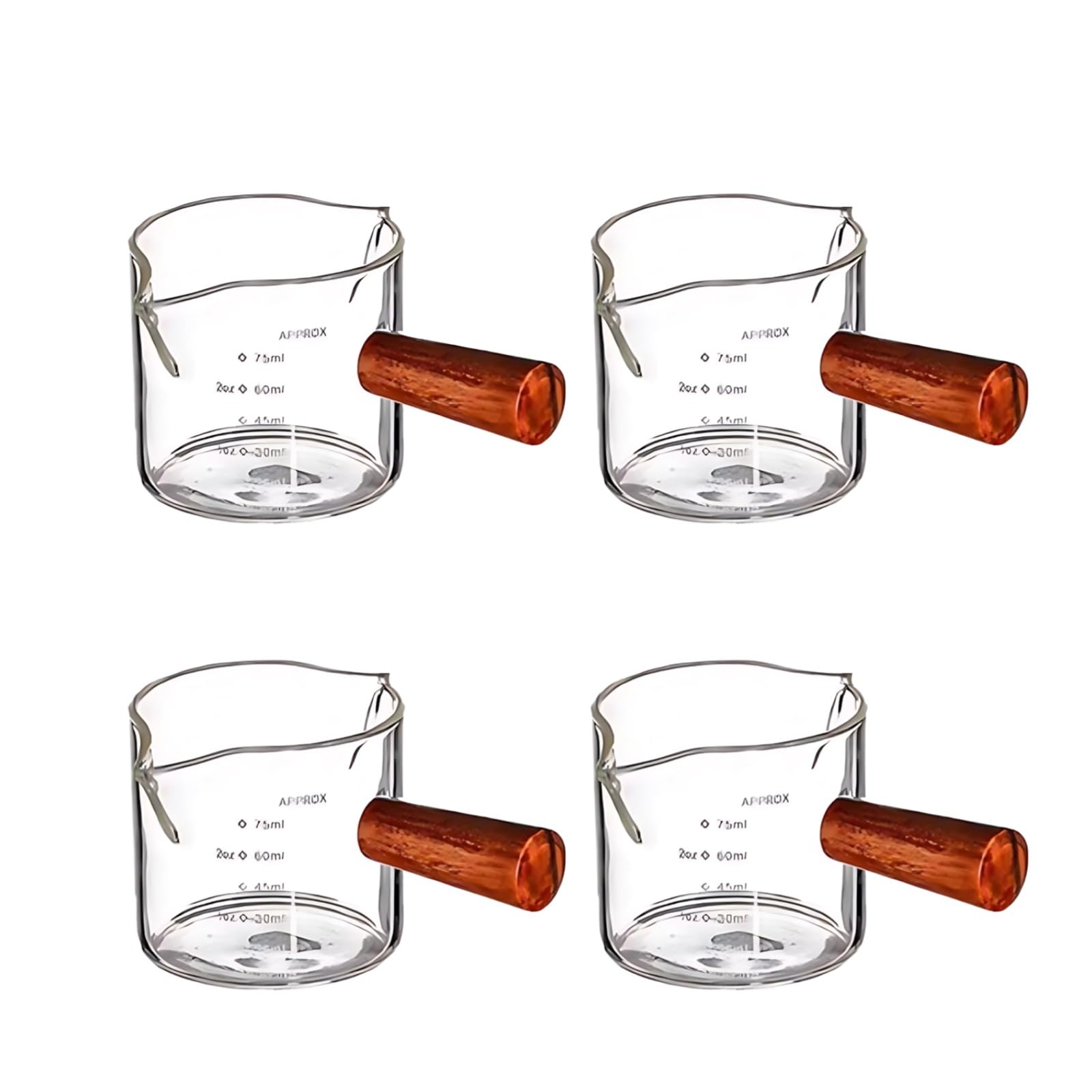 4 Stk. Glas-Espresso-Extraktionsbecher mit Skala, Doppelausguss, Mini-Milchkännchen mit Holzgriff, Borosilikatglas, für präzises Ausgießen, geeignet für Espresso-Liebhaber und Home-Baristas